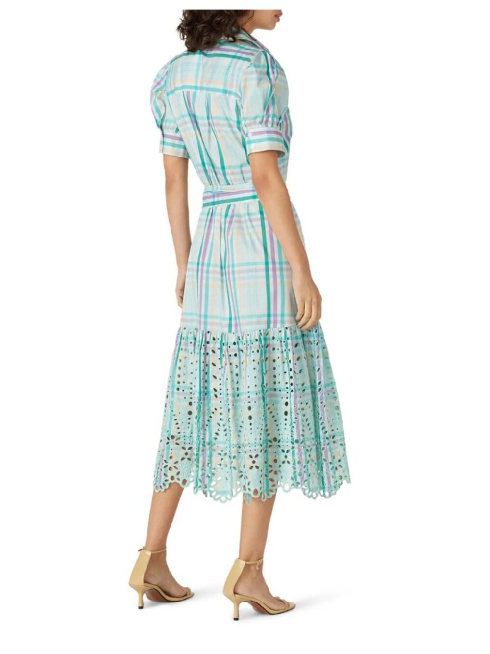 Tanya Taylor Plaid Print Midi Length Dress w Eyelet Lace Detail. Size 8. - Picture 4 of 6